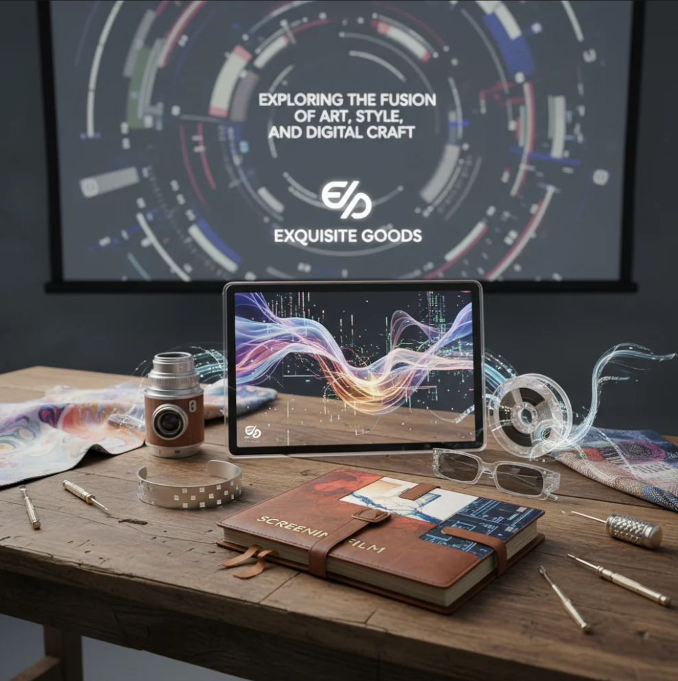 Artistic flat-lay of digital tools and creative elements representing the fusion of art, style, and digital craft in ScreeningFilm’s Exquisite Goods.