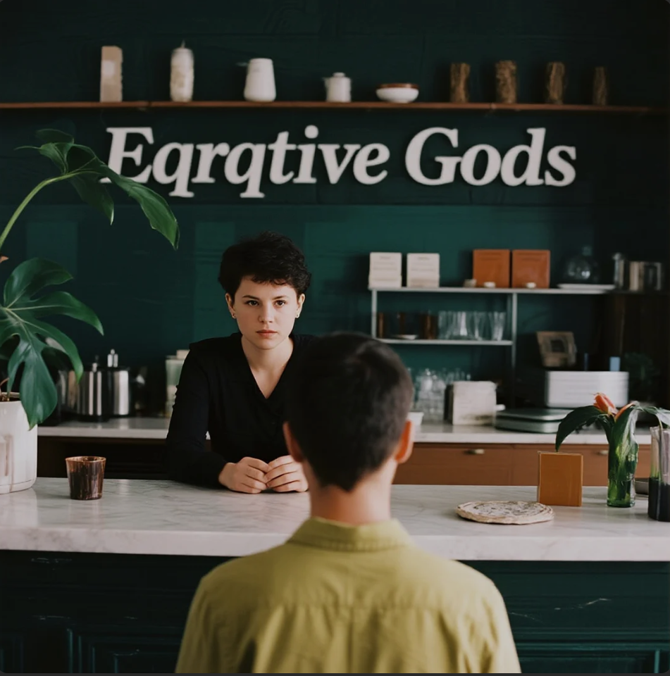 Creative workspace with design products and a laptop showing Exquisite Goods blog