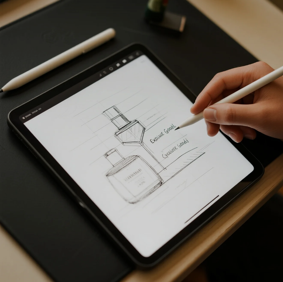 Digital artist transforming a hand-drawn sketch into a polished design on a computer screen