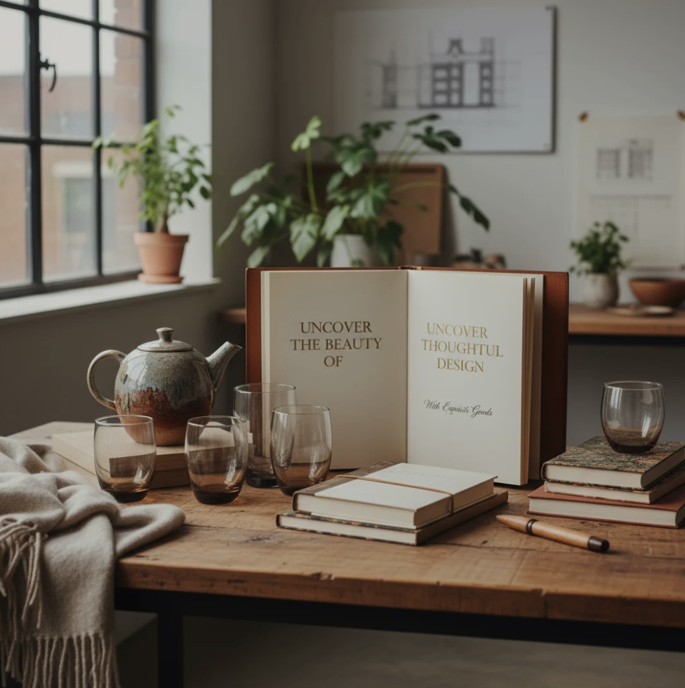 Elegant handcrafted home goods displayed on a minimalist table with warm lighting and modern design details