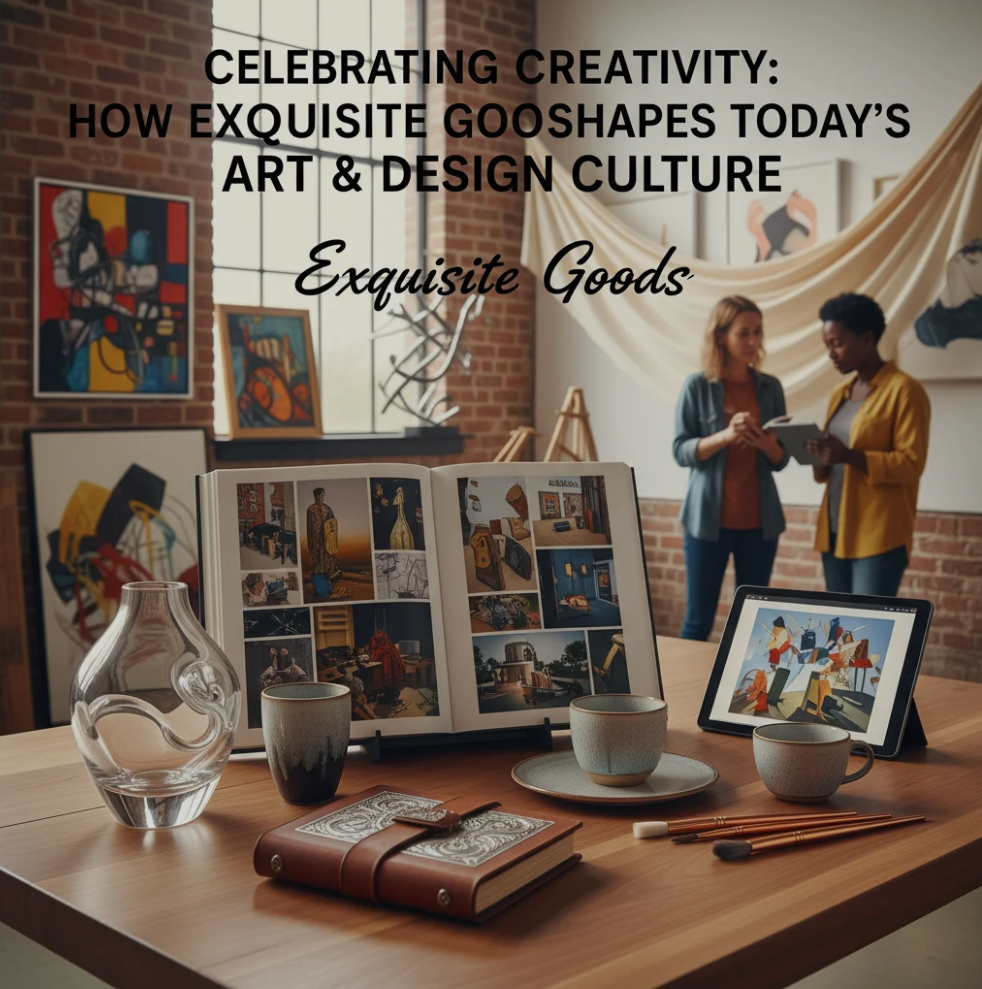 A curated display of modern handcrafted art pieces and designer goods on a minimalist table, representing Exquisite Goods’ influence on contemporary creativity.