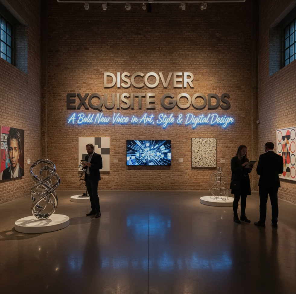 A vibrant collage of modern digital artworks, fashion elements, and design motifs representing Exquisite Goods