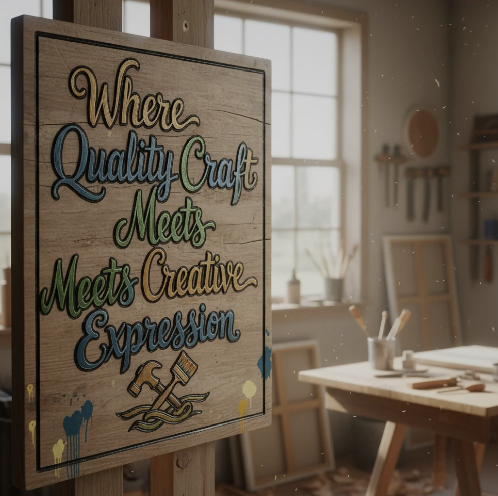 A curated display of handcrafted and digitally designed artistic products on a clean, modern background.