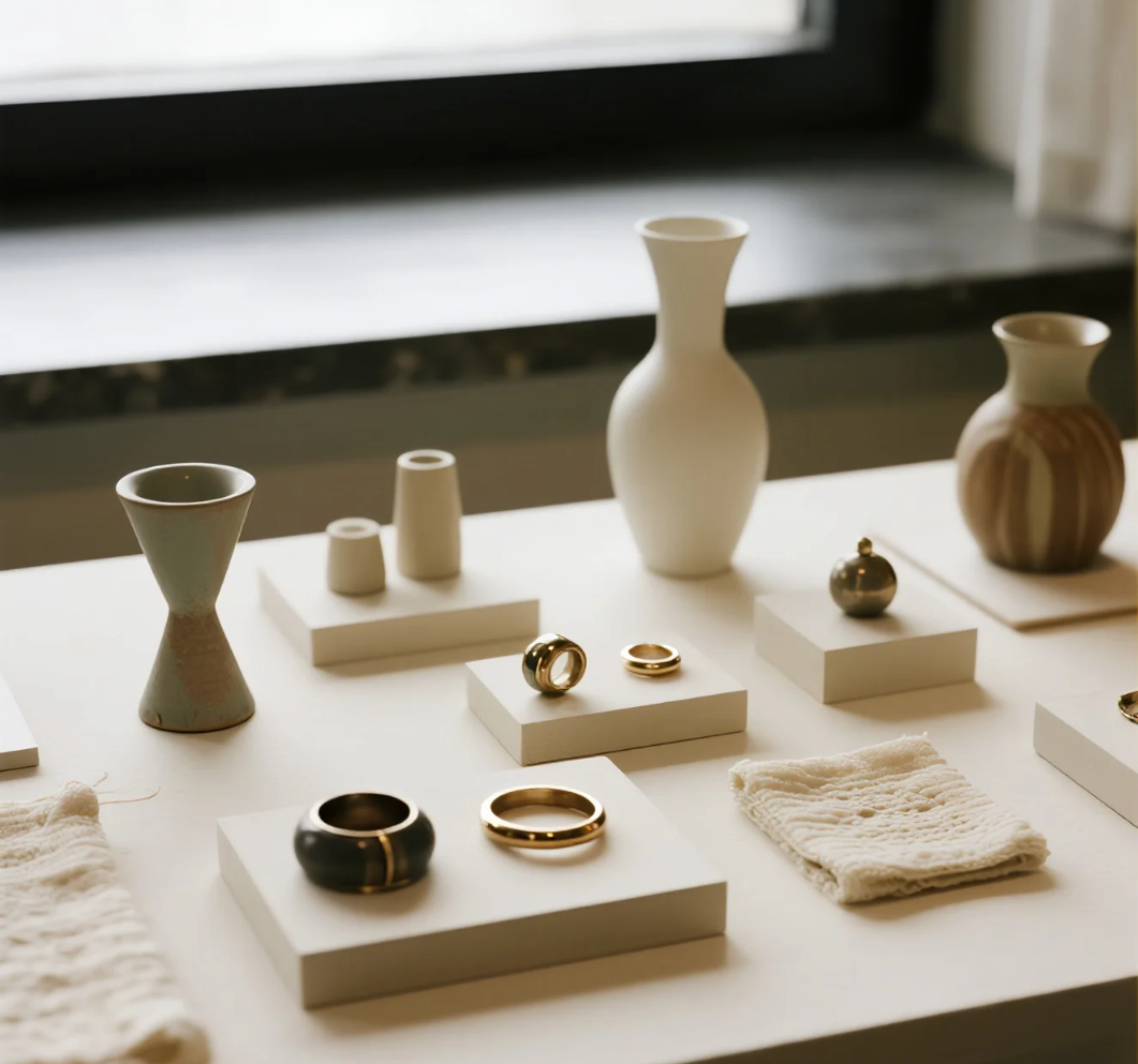 Curated luxury art objects and design pieces representing creativity and contemporary design culture