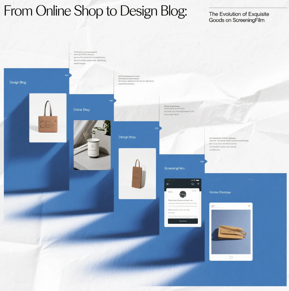 Artistic collage of product imagery, design mood boards, and blog-style layouts representing Exquisite Goods on ScreeningFilm