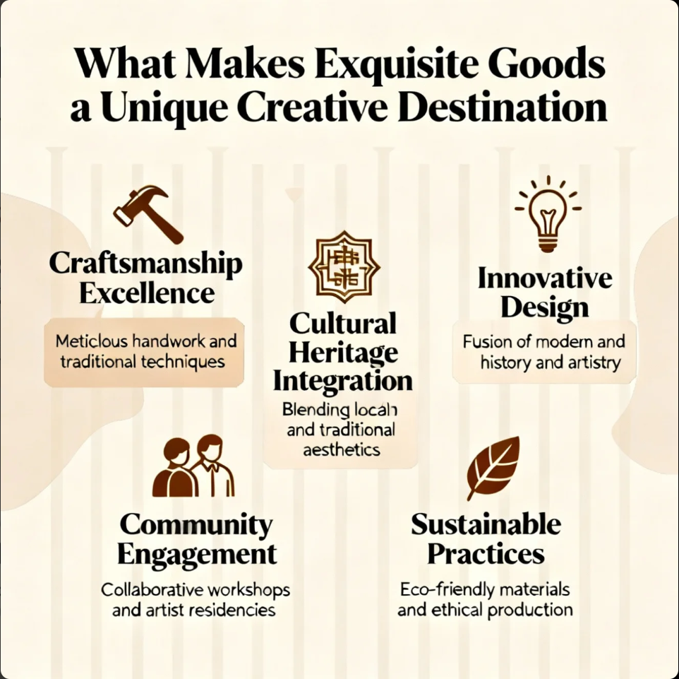 Curated creative studio workspace with refined design elements representing Exquisite Goods